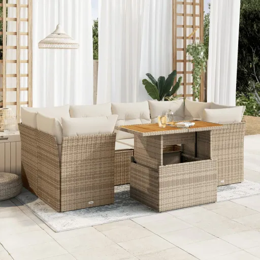 Conjunto de Sofás p/ Jardim com Almofadões Vime PE Bege (7 pcs)