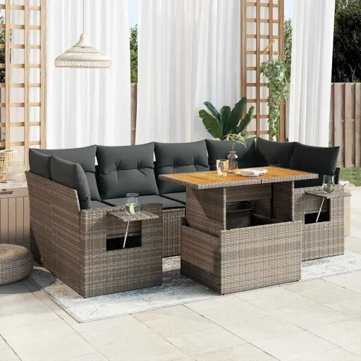Conjunto Sofás p/ Jardim c/ Almofadões Vime PE Cinzento (7 pcs)