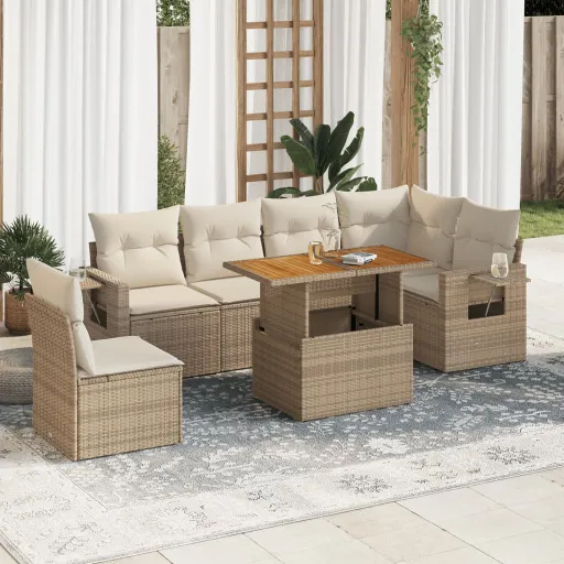 Conjunto de Sofás p/ Jardim com Almofadões Vime PE Bege (7 pcs)