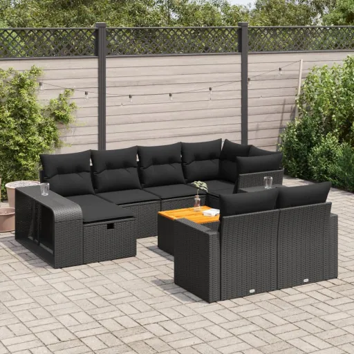 Conjunto Sofás de Jardim c/ Almofadões Vime PE Preto (11 pcs)