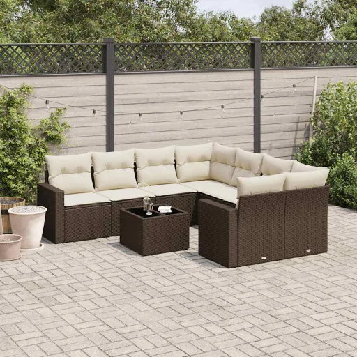 Conjunto Sofás p/ Jardim c/ Almofadões Vime PE Castanho (9 pcs)