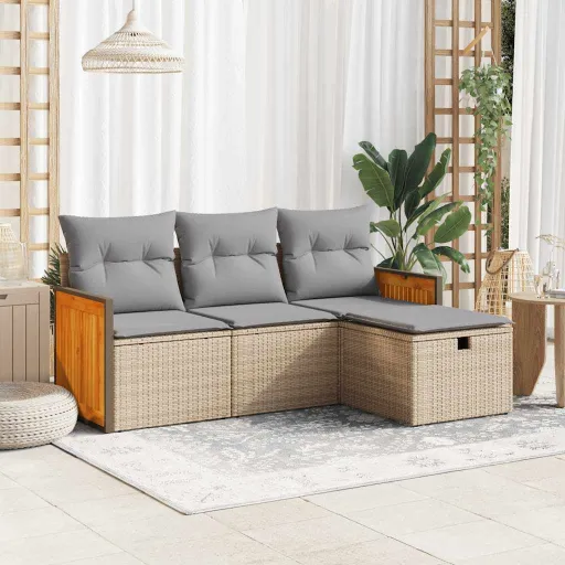 Conjunto de Sofás para Jardim c/ Almofadões Vime PE Bege (4 pcs)