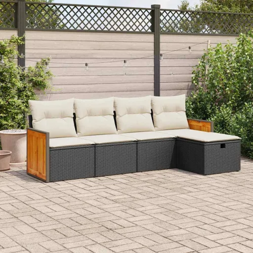 Conjunto Sofás de Jardim com Almofadões Vime PE Preto (5 pcs)