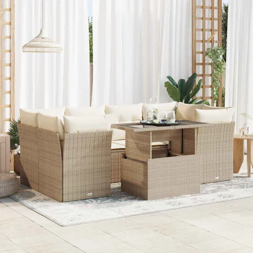 Conjunto de Sofás p/ Jardim com Almofadões Vime PE Bege (7 pcs)