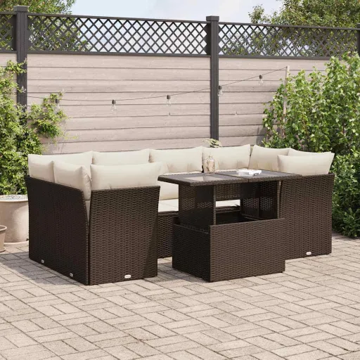 Conjunto de Sofás Jardim c/ Almofadões Vime PE Castanho (7 pcs)