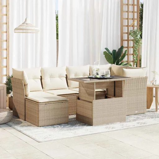 Conjunto de Sofás p/ Jardim com Almofadões Vime PE Bege (7 pcs)