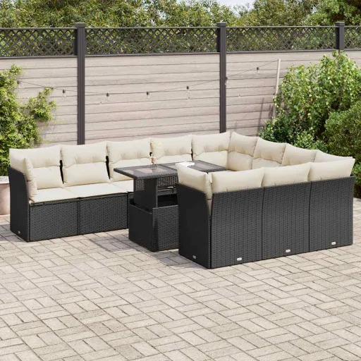 Conjunto Sofás de Jardim c/ Almofadões Vime PE Preto (11 pcs)