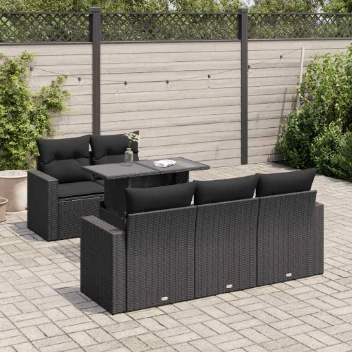 Conjunto Sofás de Jardim c/ Almofadões Vime PE Preto (6 pcs)