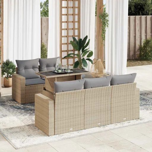 Conjunto de Sofás p/ Jardim com Almofadões Vime PE Bege (6 pcs)