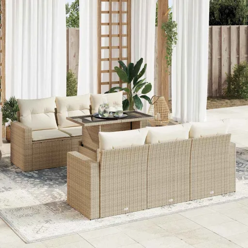 Conjunto de Sofás p/ Jardim com Almofadões Vime PE Bege (7 pcs)