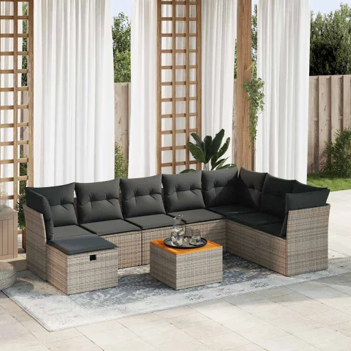 Conjunto Sofás p/ Jardim com Almofadões Vime PE Cinzento (9 pcs)