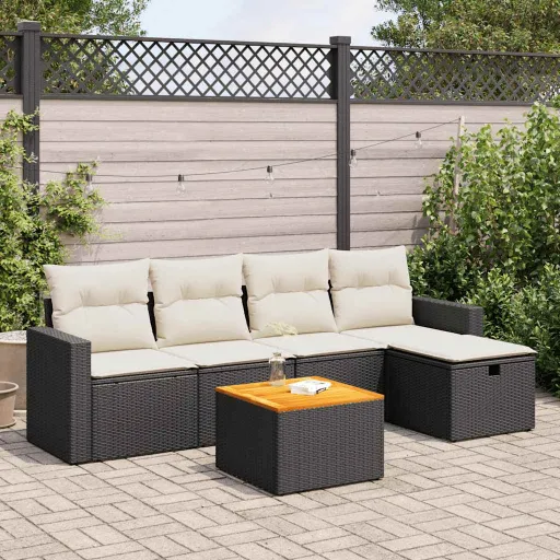 Conjunto Sofás de Jardim c/ Almofadões Vime PE Preto (6 pcs)