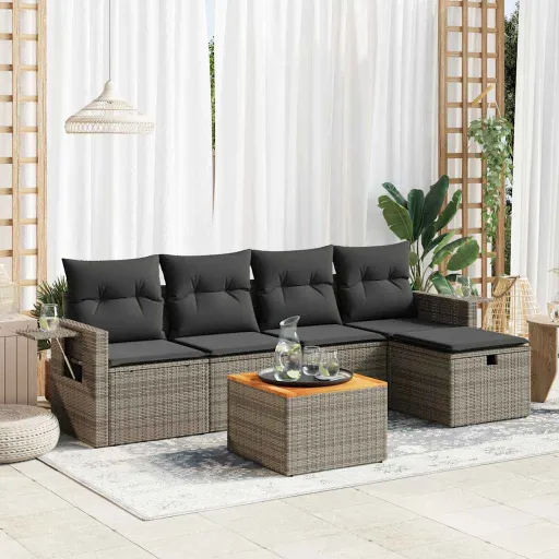 Conjunto Sofás de Jardim com Almofadões Vime Cinzento (6 pcs)