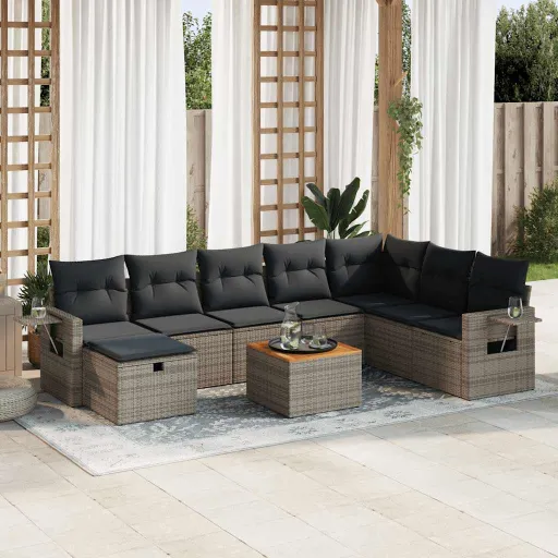 Conjunto Sofás p/ Jardim com Almofadões Vime PE Cinzento (9 pcs)