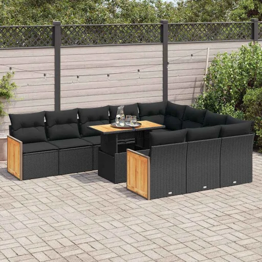 Conjunto Sofás Jardim c/ Almofadões Vime PE/Acácia Preto (11 pcs)