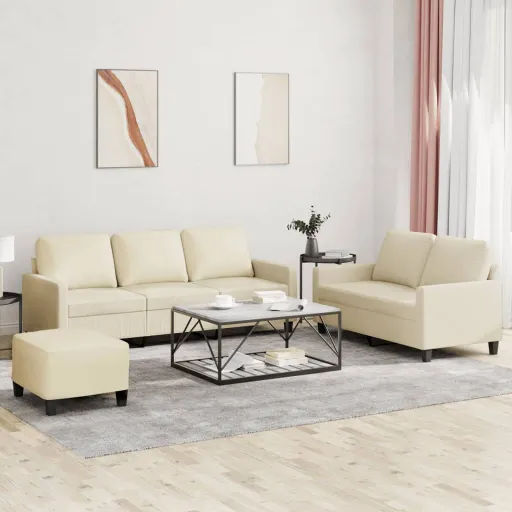 Conjunto Sofás c/ Almofadões Couro Artificial Cor Creme (3 pcs)