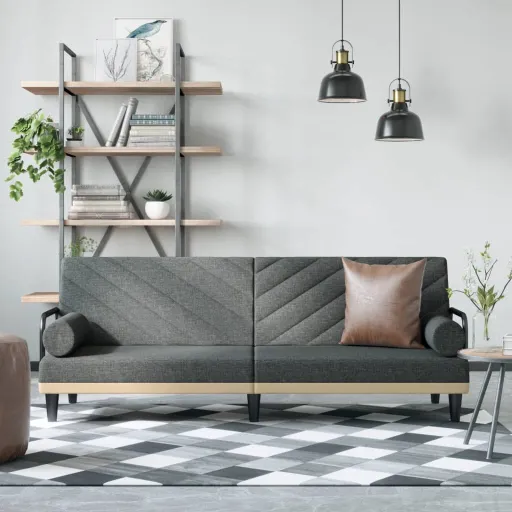 Sofá-Cama com Apoio de Braços Tecido Cinzento-Escuro