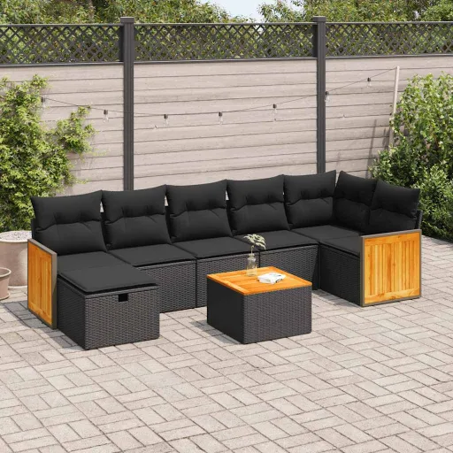 Conjunto Sofás de Jardim com Almofadões Vime PE Preto (8 pcs)