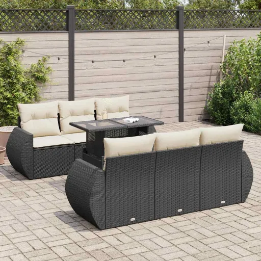 Conjunto de Sofás p/ Jardim c/ Almofadões Vime PE Preto (7 pcs)