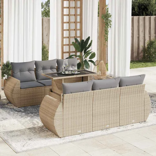 Conjunto de Sofás p/ Jardim com Almofadões Vime PE Bege (7 pcs)