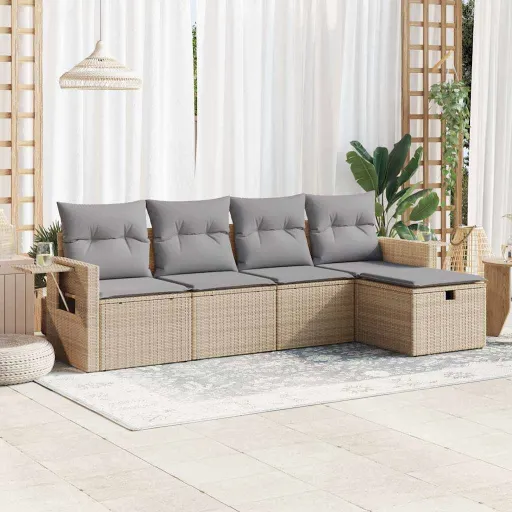 Conjunto de Sofás p/ Jardim com Almofadões Vime PE Bege (5 pcs)