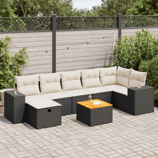 Conjunto Sofás de Jardim com Almofadões Vime PE Preto (8 pcs)