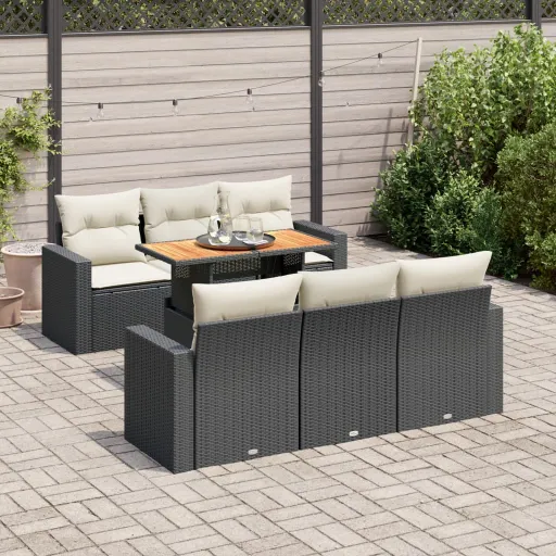Conjunto de Sofás p/ Jardim c/ Almofadões Vime PE Preto (7 pcs)
