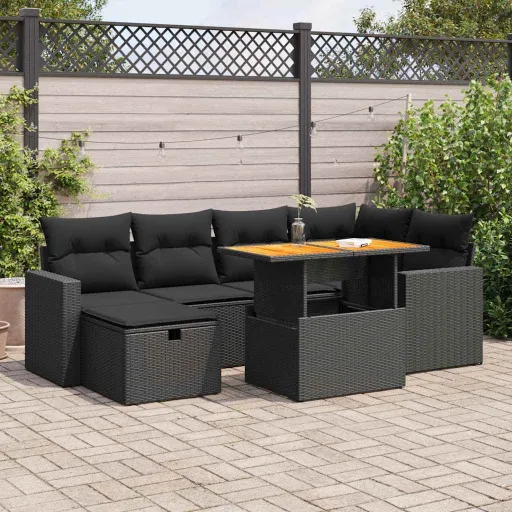 Conjunto Sofás Jardim com Almofadões Vime PE/Acácia Preto (8 pcs)