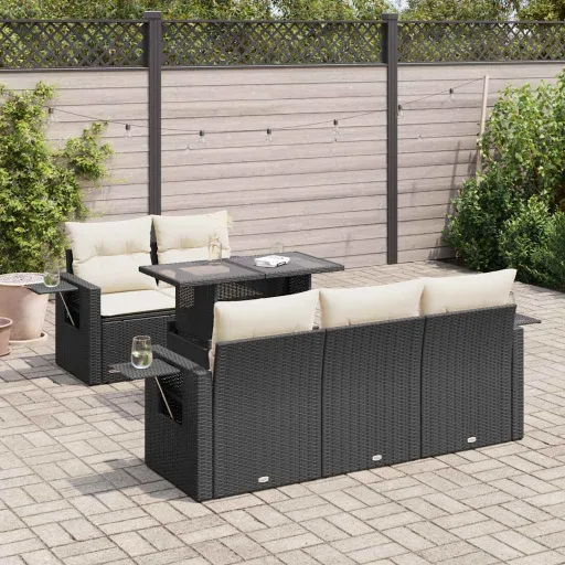 Conjunto Sofás de Jardim c/ Almofadões Vime PE Preto (6 pcs)