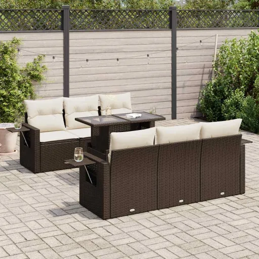 Conjunto de Sofás Jardim c/ Almofadões Vime PE Castanho (7 pcs)