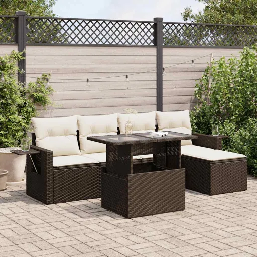 Conjunto de Sofás Jardim c/ Almofadões Vime PE Castanho (6 pcs)