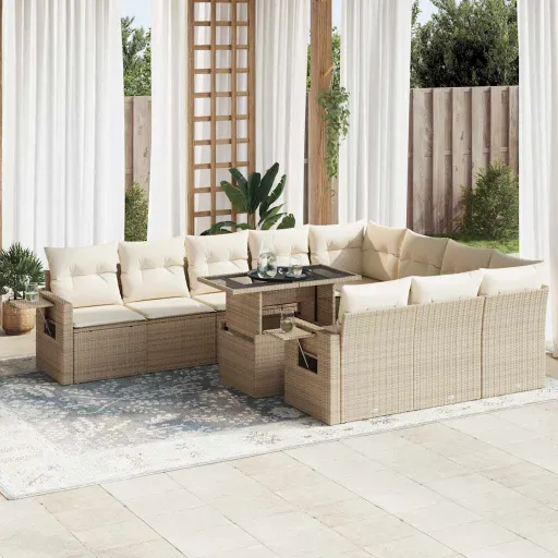 Conjunto Sofás de Jardim c/ Almofadões Vime PE Bege (11 pcs)