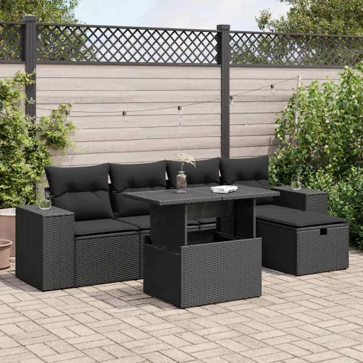 Conjunto Sofás de Jardim c/ Almofadões Vime PE Preto (6 pcs)