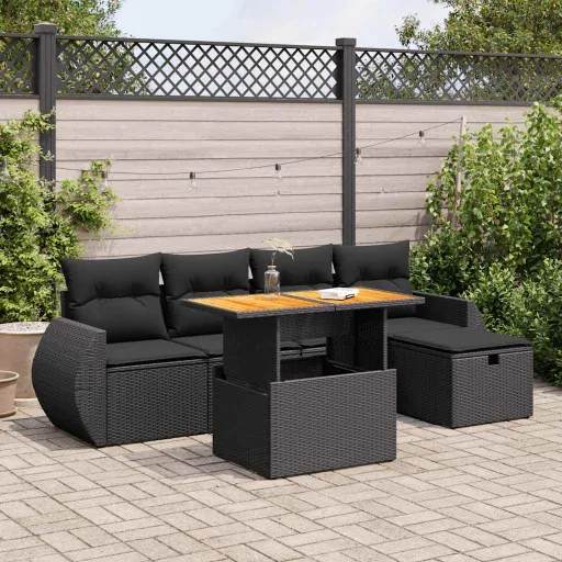 Conjunto Sofás Jardim c/ Almofadões Vime PE/Acácia Preto (6 pcs)