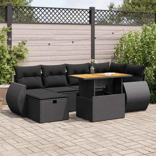 Conjunto Sofás Jardim com Almofadões Vime PE/Acácia Preto (8 pcs)