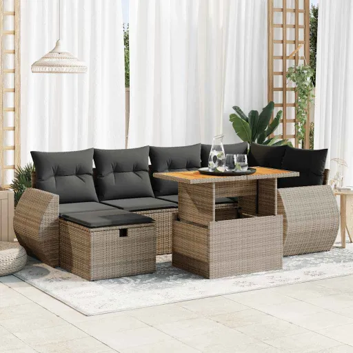 Conjunto Sofás Jardim Almofadões Vime PE/Acácia Cinzento (8 pcs)