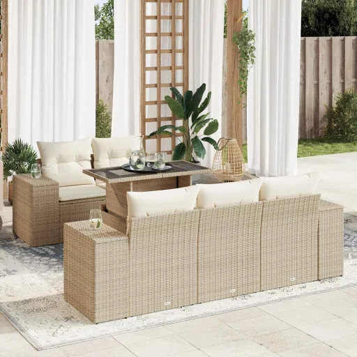 Conjunto de Sofás p/ Jardim com Almofadões Vime PE Bege (6 pcs)