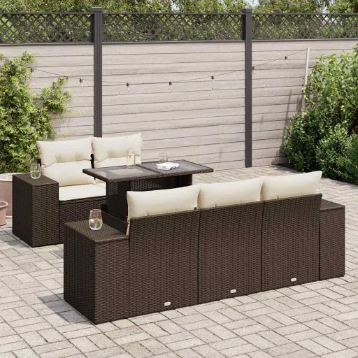 Conjunto de Sofás Jardim c/ Almofadões Vime PE Castanho (6 pcs)