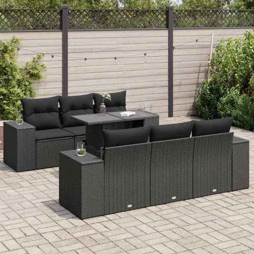 Conjunto de Sofás p/ Jardim c/ Almofadões Vime PE Preto (7 pcs)