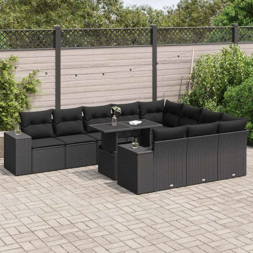 Conjunto Sofás de Jardim c/ Almofadões Vime PE Preto (11 pcs)