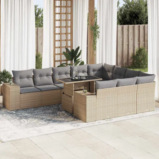 Conjunto Sofás de Jardim c/ Almofadões Vime PE Bege (11 pcs)