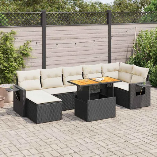 Conjunto Sofás de Jardim com Almofadões Vime PE Preto (8 pcs)