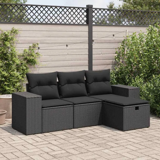 Conjunto de Sofás para Jardim c/ Almofadões Vime PE Preto (4 pcs)