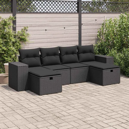 Conjunto Sofás de Jardim c/ Almofadões Vime PE Preto (6 pcs)