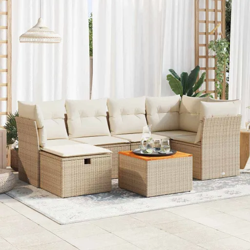 Conjunto de Sofás p/ Jardim com Almofadões Vime PE Bege (7 pcs)