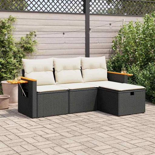 Conjunto de Sofás para Jardim c/ Almofadões Vime PE Preto (4 pcs)