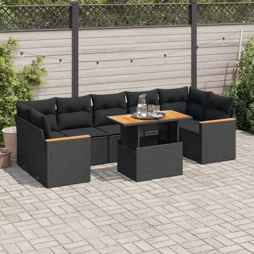 Conjunto Sofás Jardim com Almofadões Vime PE/Acácia Preto (8 pcs)