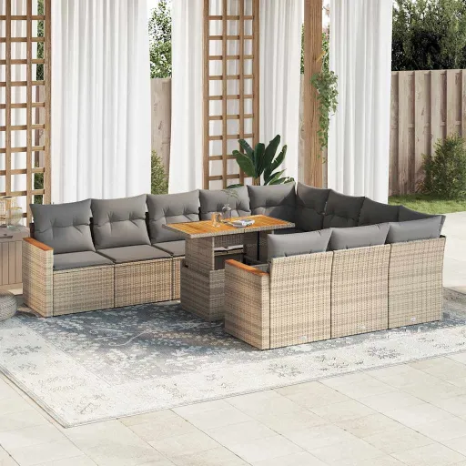 Conjunto Sofás Jardim c/ Almofadões Vime PE/Acácia Bege (11 pcs)