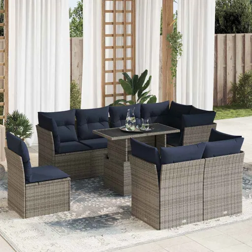Conjunto Sofás Jardim Almofadões Vime PE/Acácia Cinzento (9 pcs)
