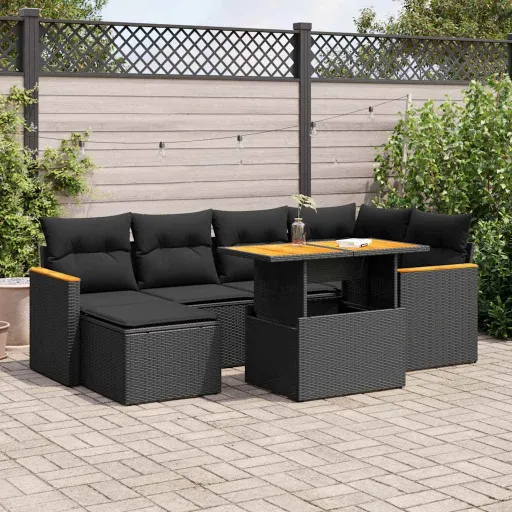 Conjunto Sofás Jardim c/ Almofadões Vime PE/Acácia Preto (7 pcs)
